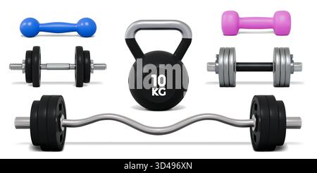 Barbell realistico in palestra. elementi di sollevamento pesi in acciaio pesante 3d fitness, concetto di design per la salute e lo sport. Manico a campana in metallo, attrezzature per l'allenamento, allenamento per bodybuilding. Set di oggetti isolati vettoriali Illustrazione Vettoriale