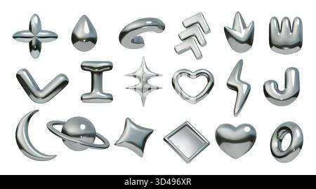 Elementi metallici 3D. Forma cromata Y2K. Fiore e freccia. Texture grafica astratta. Fulmini e cuore retrò alla moda. Figure geometriche in argento. Saturno e stella lucidi. Set di icone metalliche isolate dal vettore Illustrazione Vettoriale