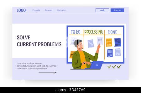 Uomini d'affari che pianificano. Pagina di destinazione della gestione del tempo. Programma Kanban. Piano dell'agenda agile. Le attività e le scadenze sono riportate sulla lavagna bianca. Tabellone dell'organizzatore degli obiettivi. Modello di progettazione del sito Web. Sfondo vettoriale Illustrazione Vettoriale