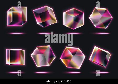 Vivaci cubi al neon di vetro con bordi brillanti e riflessi di cristallo, che mostrano forme geometriche futuristiche ed effetti di luce vibranti su un'illustrazione vettoriale di sfondo scuro Illustrazione Vettoriale
