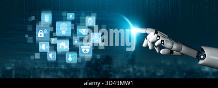 L'intelligenza artificiale gestisce la sicurezza domestica, monitora i dispositivi intelligenti, rileva le intrusioni e garantisce un controllo automatico sicuro degli accessi per le abitazioni Foto Stock