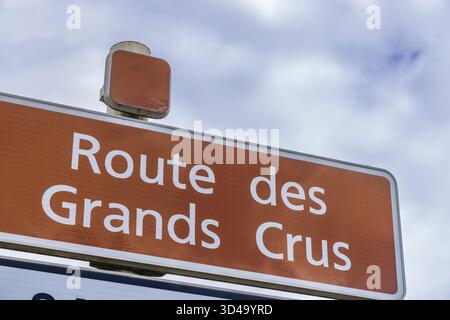 Cartello stradale con la Route des Grands Crus, che guida i visitatori attraverso la famosa regione vinicola della Borgogna Foto Stock