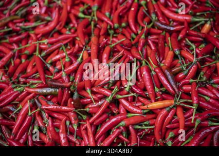 Chilis caldo rosso per la vendita immagazzinato in un grande arco tondo di vimini su un mercato di strada in Cina Foto Stock