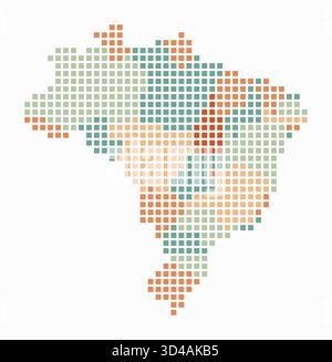 Mappa punteggiata del Brasile. Mappa digitale del paese su sfondo bianco. Forma brasiliana con punti quadrati. Stile puntini colorati. Quadrati di grandi dimensioni. Illustrazione Vettoriale