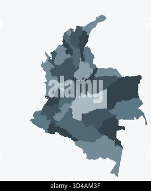 Mappa della Colombia con le regioni. Solo una semplice mappa di confine con la divisione della regione. Tavolozza dei colori blu/grigio. Illustrazione Vettoriale