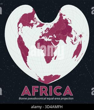 Africa. Mappa del mondo. Proiezione pseudoconica di Bonne a pari area incentrata sull'Africa. Pallido Mint Dark Pink (Rosa scuro). Texture vintage. Illustrazione Vettoriale