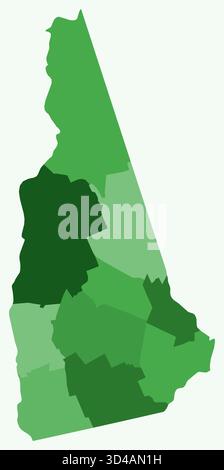 Mappa del New Hampshire con le contee. Una semplice mappa dei confini di stato con le divisioni delle contee. Tavolozza dei colori verde. Illustrazione Vettoriale