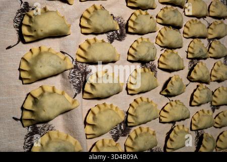 Pierogi lucidi, polpette fatte in casa disposte in modo ordinato su una superficie in tessuto. Piatto tradizionale regionale. Funghi, cavolo. Foto Stock