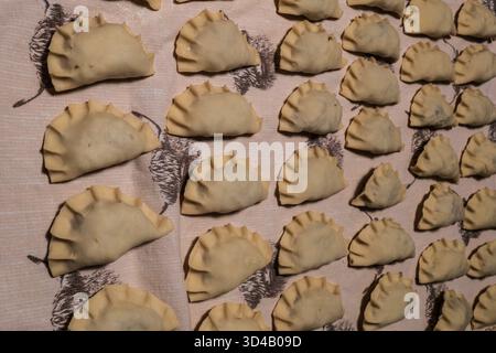 Pierogi lucidi, polpette fatte in casa disposte in modo ordinato su una superficie in tessuto. Piatto tradizionale regionale. Funghi, cavolo. Foto Stock