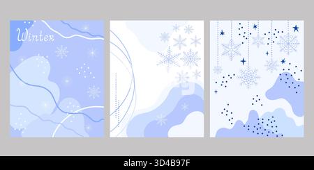 Set di modelli per le festività invernali, sfondi astratti con fiocchi di neve, stelle, forme fluide in tonalità blu. Semplice design stagionale per buon Natale, auguri di buon anno, poster, striscione Illustrazione Vettoriale