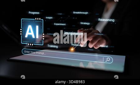 Un concetto di intelligenza artificiale cognitiva che mette in evidenza i suoi processi creativi e strategici. Il sistema utilizza immaginazione, ragionamento e ricerca per generare nuovi Foto Stock