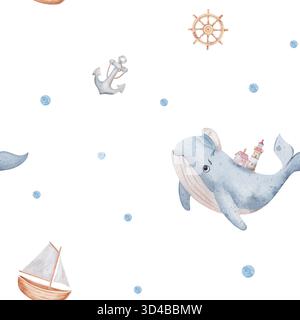 Motivo acquerello senza cuciture con una graziosa balena blu in un cappello da marinaio, una barca, un'ancora e un faro. Design nautico per bambini su sfondo bianco, perfetto per l'arredamento della nursery e i tessuti per bambini Foto Stock