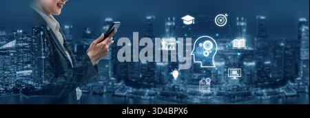 Concetto di istruzione e apprendimento continuo. Una rete di risorse di e-learning per la formazione, l'acquisizione di conoscenze e lo sviluppo di nuove competenze per Foto Stock