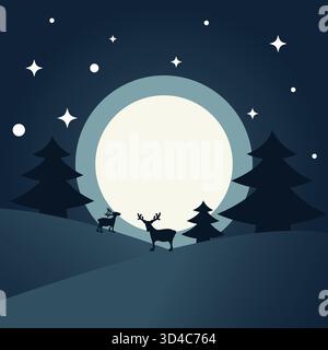Bella illustrazione in stile piatto di un cervo in piedi vicino a un albero di Natale sotto il chiaro di luna. Ideale per biglietti di auguri, poster o saluti digitali Illustrazione Vettoriale