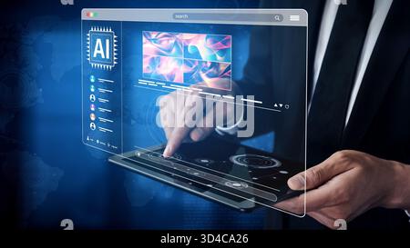 Piattaforma DI INTELLIGENZA ARTIFICIALE che genera immagini artistiche con interfaccia dinamica. I contenuti generati DALL'INTELLIGENZA artificiale vengono visualizzati nella galleria di immagini vista intelligenza artificiale. Intelligenza artificiale genrativa Foto Stock