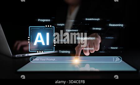 Un concetto di intelligenza artificiale cognitiva che mette in evidenza i suoi processi creativi e strategici. Il sistema utilizza immaginazione, ragionamento e ricerca per generare nuovi Foto Stock