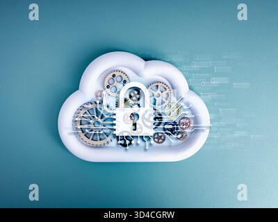 Tecnologia cloud e concetto di sicurezza informatica con icona di blocco digitale e ingranaggi meccanici all'interno della forma del cloud su sfondo blu, che rappresentano la protezione dei dati Foto Stock
