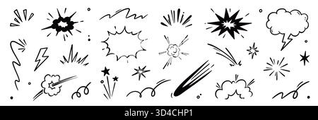 Set di vettori esplosivi per cartoni animati effetto velocità fumetto. Disegna a mano il gioco della velocità della linea fumettistica, esplosivo burst di cartoni animati, energia del boom, potenza d'impatto elemento d'azione. Illustrazione vettoriale Illustrazione Vettoriale