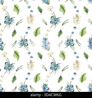 Bacche bianche e blu acquerelli con foglie verdi motivo senza cuciture per un design natalizio. Illustrazione disegnata a mano con ramoscelli di nevi e ginepro per Foto Stock
