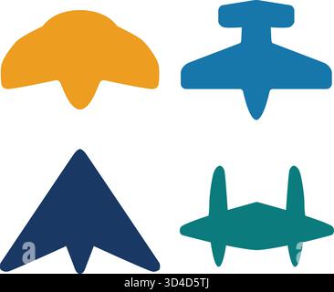 Set di quattro silouette di aerei stilizzate colorate in forme diverse, presentate come semplici icone vettoriali piatte dell'aviazione. Illustrazione Vettoriale