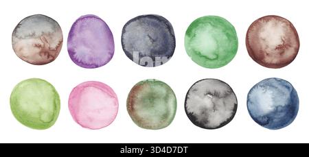 Cerchi di acquerello isolati su sfondo bianco. Icone rotonde Aquarelle dipinte a mano sui colori della Terra Illustrazione Vettoriale