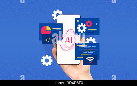 Smartphone portatile con tecnologia di intelligenza artificiale per dati e codifica, automazione aziendale moderna e apprendimento automatico, collage d'arte moderna Foto Stock