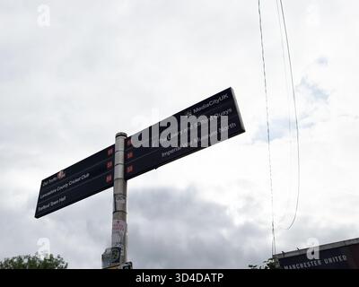 Manchester, Regno Unito - 30 settembre 2025: Segnaletica urbana di Manchester che indirizza i visitatori alle attrazioni e ai luoghi di interesse locali. Foto Stock