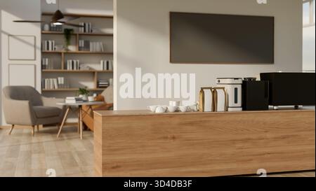 Un bancone bar in legno con macchina per il caffè davanti ad una parete bianca all'entrata del soggiorno. Interni della casa, rendering 3D, illustrazione 3d. Foto Stock