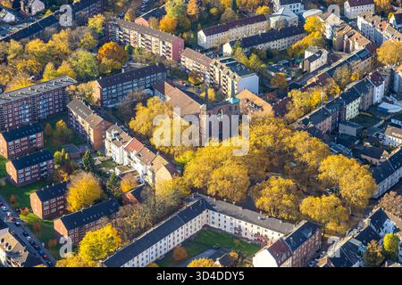 Luftbild, kath. Kirche St.Antonius und Schillerplatz mit herbstlichen Bäumen, Feldmark, Gelsenkirchen, Ruhrgebiet, Nordrhein-Westfalen, Deutschland ACHTUNGxMINDESTHONORARx60xEURO *** Vista aerea, chiesa cattolica di Sant'Antonio e Schillerplatz con alberi autunnali, Feldmark, Gelsenkirchen, zona della Ruhr, Renania settentrionale-Vestfalia, Germania ACHTUNGxMINDESTHONORARx60xEURO Foto Stock