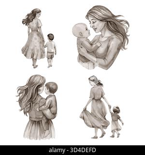 Set di illustrazioni per la Festa della mamma con simpatiche illustrazioni ad acquerello alla moda di mamma e bambino. Modelli per la festa della mamma per poster, copertina e banner. Foto Stock