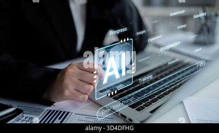 Un concetto di intelligenza artificiale cognitiva che mette in evidenza i suoi processi creativi e strategici. Il sistema utilizza immaginazione, ragionamento e ricerca per generare nuovi Foto Stock