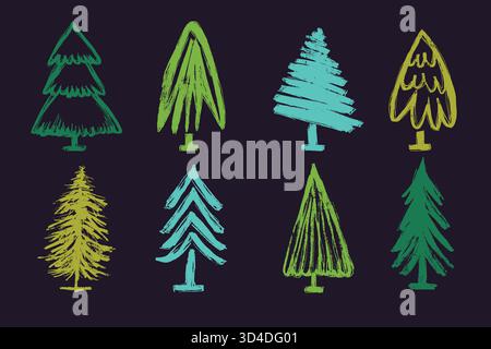Alberi di Natale colorati disegnati a mano in stile Grunge Paint su sfondo scuro. Set doodle urban Evergreen con silhouette astratte in pino. Inverno Illustrazione Vettoriale