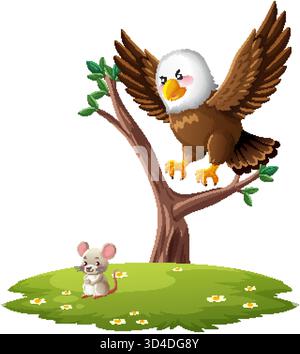 L'aquila calva dei cartoni animati sull'albero osserva il topo sul campo erboso, colori brillanti, stile vettoriale piatto Illustrazione Vettoriale