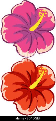 Due vivaci fiori di ibisco rossi e rosa, contorni audaci, stile vettoriale piatto, disposizione verticale Illustrazione Vettoriale