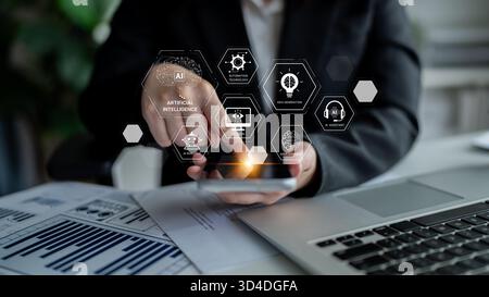Il sistema di apprendimento DELL'INTELLIGENZA ARTIFICIALE prevede l'apprendimento profondo, l'apprendimento automatico supervisionato e l'elaborazione del linguaggio naturale. Il diagramma di apprendimento DELL'INTELLIGENZA ARTIFICIALE mostra i progressi dell'intelligenza artificiale Foto Stock