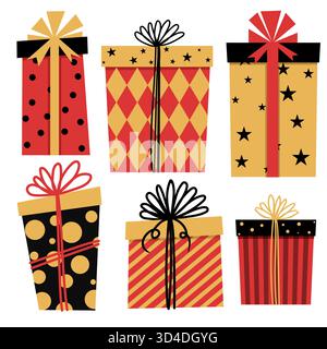 Regali di Natale e Capodanno. Set di graziose confezioni regalo. Collezione di regali di Natale o di compleanno. Elementi di design disegnati a mano. Buone vacanze Illustrazione Vettoriale