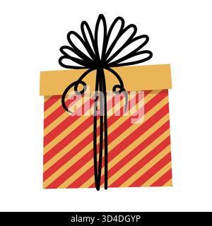 Regalo natalizio per Natale o compleanno. Presente in rosso e arancione. Graziosa confezione regalo in stile piatto. Un'illustrazione accogliente per biglietti d'auguri, poster, involucri, scarti Illustrazione Vettoriale