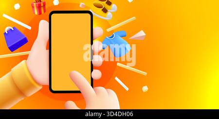 Concetto di shopping online 3D con smartphone a mano, circondato da articoli volanti su sfondo arancione. Illustrazione vettoriale. Illustrazione Vettoriale