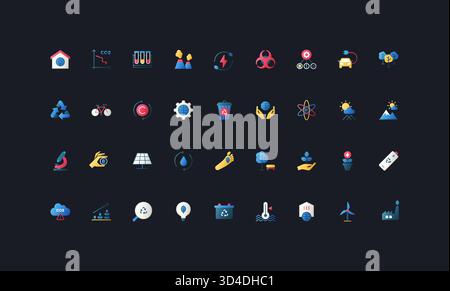 Icone in stile gradiente piatto con anidride carbonica, energia, riciclaggio, clima, energie rinnovabili, illustrazione vettoriale dell'inquinamento e della scienza ambientale su sfondo scuro dell'interfaccia utente. Illustrazione Vettoriale