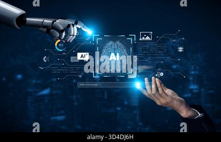 Un assistente di intelligenza artificiale generativa presenta la sua piattaforma creativa. L'interfaccia consente agli utenti di immettere richieste per generare immagini, chattare con l'IA, e. Foto Stock