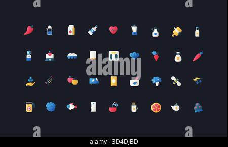 Icone di stile piatto gradiente con nutrizione, cibo sano, dieta, bevande, vitamine, frutta, verdura, utensili da cucina ed elementi benessere su sfondo scuro dell'interfaccia utente. Illustrazione Vettoriale
