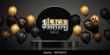 Elegante promozione Black Friday con palloncini realistici e un podio 3D per il posizionamento dei prodotti. Illustrazione vettoriale Illustrazione Vettoriale