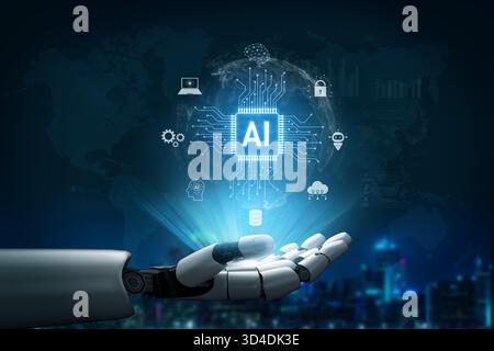 L'INTELLIGENZA ARTIFICIALE guida la trasformazione digitale globale connettendo cloud, robotica, apprendimento automatico e sistemi di dati per migliorare l'innovazione e proteggere in modo intelligente Foto Stock