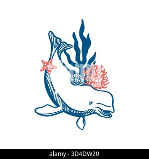 Delfino Beluga che nuota con conchiglie, stelle marine e alghe marine. Illustrazione vettoriale disegnata a mano con linee blu per piastrelle e striscioni. Perfetto per un biglietto da visita Illustrazione Vettoriale