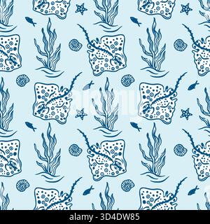 Creature marine, modello senza interruzioni. Illustrazione a linee disegnata a mano di razze, alghe marine, pesci, conchiglie e stelle marine. Clip art vettoriale per carta da imballaggio Illustrazione Vettoriale