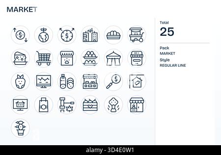 Questo pacchetto di icone del mercato include 25 vettori di linea regolari, perfetti per migliorare le interfacce digitali. Illustrazione Vettoriale
