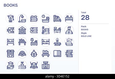 Perfeziona la grafica dei prodotti utilizzando 28 icone Bold Line ispirate ai libri, con metriche coerenti. Illustrazione Vettoriale