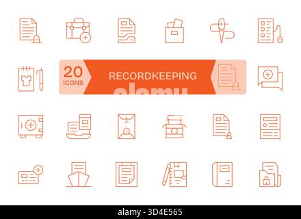Una raccolta pulita di 24 icone Thin Line che rappresentano la registrazione dei dati, progettata per dashboard e interfacce moderne. Illustrazione Vettoriale
