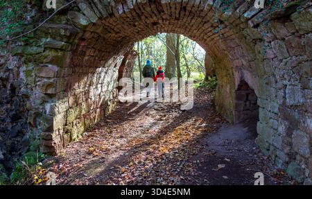 Vista di una madre e di un bambino che camminano attraverso un tunnel ad arco in pietra intemprata in mezzo a una foresta con foglie autunnali, Haddington, Scozia, Regno Unito. Foto Stock