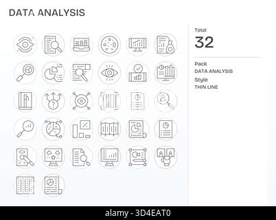 Una raccolta coerente in pixel di 32 icone di linea sottile per l'analisi dei dati, ottimizzata per bordi nitidi. Illustrazione Vettoriale